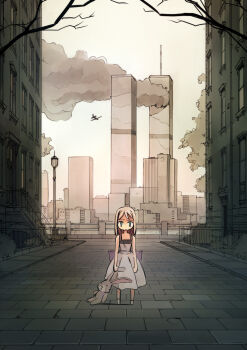 Rule 34 | 1girl, 9/11, :|, aircraft, airplane, building, cityscape, closed mouth, day, door, dress, female focus, highres, holding, lamppost, new york city, original, outdoors, pavement, railing, real world location, road, scenery, seo tatsuya, smoke, solo, standing, stoop, street, stuffed animal, stuffed rabbit, stuffed toy, window, world trade center, wtc
