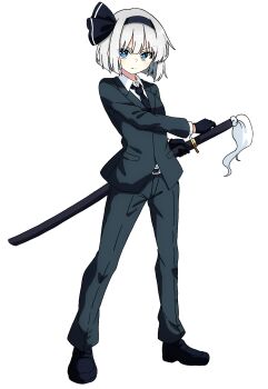 1girl alternate_costume black_gloves black_hairband black_necktie black_shoes blue_eyes blush closed_mouth collared_shirt commentary contemporary crossdressing crossdressing_(ftm) formal_clothes gloves green_jacket green_pants grey_hair hairband highres jacket katana konpaku_youmu looking_at_viewer necktie pants pioartstuff sheath sheathed shirt shoes solo suit suit_jacket sword touhou transparent_background weapon white_shirt