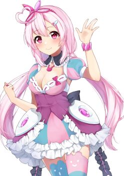 Rule 34 | 1girl, ahoge, amane karen, aqua dress, bracelet, breasts, cleavage, closed mouth, commission, dress, feather hair ornament, feathers, frilled dress, frills, hair ornament, hairband, heart, heart ahoge, heart hair ornament, highres, jewelry, jikkyou powerful pro yakyuu, large breasts, long hair, low twintails, multicolored dress, pink dress, pink eyes, pink hair, ring, skeb commission, solo, thighhighs, twintails, white background, yoshinone