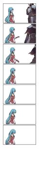 Rule 34 | 1boy, 1girl, 7koma, absurdres, aqua hair, armor, black capelet, black shirt, boots, breastplate, breasts, cape, capelet, commentary request, eirika (fire emblem), fingerless gloves, fire emblem, fire emblem: the sacred stones, gloves, grey armor, highres, long hair, long image, long sleeves, looking down, nintendo, parted bangs, pauldrons, red eyes, red gloves, red hair, red shirt, sad, sayu030b, seth (fire emblem), shirt, short hair, short sleeves, shoulder armor, simple background, skirt, small breasts, tall image, tears, thigh boots, thighhighs, white background, white skirt, yellow armor, yellow cape, zettai ryouiki