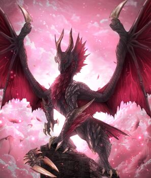 absurdres claws cloud cloudy_sky dragon highres horns malzeno_(monster_hunter) monster monster_focus monster_hunter_(series) monster_hunter_rise no_humans nutuki open_mouth perching qurio_(monster_hunter) red_eyes sharp_teeth sky solid_eyes spiked_tail spread_wings tail teeth white_scales wings