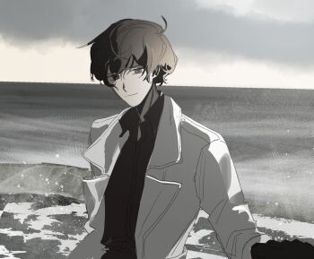 1boy beach black_eyes black_gloves black_hair black_shirt caustics coat collared_shirt gloves head_tilt highres horizon kim_dokja light_smile looking_at_viewer ma_someru male_focus muted_color omniscient_reader&#039;s_viewpoint open_clothes open_coat popped_collar pov pov_hands shirt short_hair sidelighting white_coat