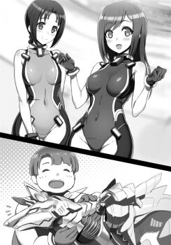 1boy 2girls :d ^_^ arm_behind_back armpit_crease bare_arms bare_shoulders blurry blush bodysuit bracer braid breasts breasts_apart character_request clenched_hands closed_eyes closed_mouth covered_collarbone covered_navel cowboy_shot depth_of_field dutch_angle facing_viewer gloves greyscale groin halftone halftone_background halterneck hands_up happy highleg highres holding hundred_(light_novel) light_smile liu_xuemei long_hair looking_at_viewer medium_breasts monochrome multiple_girls noah_sheldon_(hundred) notice_lines novel_illustration official_art ookuma_nekosuke open_mouth petting robot sidelocks single_braid skin_tight small_breasts smile split_screen standing straight_hair swept_bangs teeth turtleneck upper_body upper_teeth_only