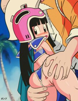 1boy 1girl age_difference anus armor ass ass_grab assisted_exposure bald beard bikini bikini_armor bikini_bottom_aside black_hair blue_sky blunt_bangs blurry blush cape chi-chi_(dragon_ball) cleft_of_venus clothing_aside cowboy_shot day depth_of_field dragon_ball dragon_ball_(classic) dutch_angle embarrassed eyebrows eyelashes facial_hair from_behind hat helmet hetero highres loli long_hair looking_at_viewer looking_back midriff mustache muten_roushi official_style open_mouth outdoors palm_tree pink_headwear ponpu_(pumpkinsinclair) pussy shoulder_armor sky solo_focus standing swimsuit tree uncensored