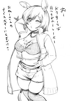 1girl animal_ears arknights arm_behind_head belt blush breasts catapult_(arknights) cleavage closed_mouth commentary_request cowboy_shot earclip greyscale hair_ornament hairclip heart horse_ears horse_girl horse_tail large_breasts looking_at_viewer midriff monochrome navel nose_blush o3o one_eye_closed sadahiro_(chicken_nugget_gyuuniku_aji) short_hair shorts simple_background sketch smile solo sports_bra tail thighhighs translation_request