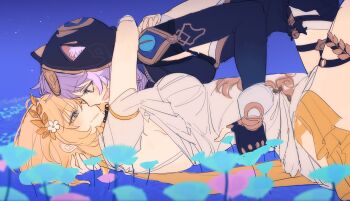 2girls aglaea_(honkai:_star_rail) animal_ear_fluff animal_ears animal_hood blonde_hair breasts cat_ears cat_girl cipher_(honkai:_star_rail) dress eardoor_1022 flower from_side gloves green_eyes grey_hair highres honkai:_star_rail honkai_(series) hood hug imminent_kiss korean_commentary laurel_crown leotard lying multiple_girls sky thigh_strap white_streaks yuri