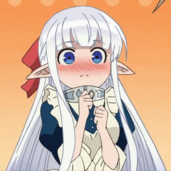 1girl animated animated_gif anime_screenshot apron blue_dress blue_eyes blush breasts collar dress elf hair_ribbon long_hair maid maid_apron maou_no_ore_ga_dorei_elf_wo_yome_ni_shitanda_ga_dou_medereba_ii? nephelia pointy_ears red_ribbon ribbon screencap sidelocks white_apron white_hair