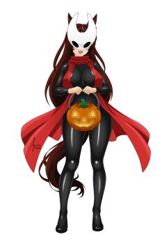 Rule 34 | absurdres, aiza-sama, animal, animal ears, breasts, brown hair, cape, cosplay, full body, halloween, highres, hollow knight, hollow knight: silksong, hornet (hollow knight), humanization, large breasts, latex, mask, original, pumpkin, umamusume, white background