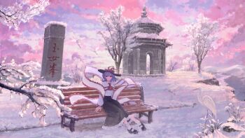 1girl ankle_socks arm_support ascot bare_tree bench bird black_hat black_shoes black_skirt bow capelet cliff cloud cloudy_sky collared_shirt column commentary day er_yi_zhi flamingo frilled_capelet frilled_shawl frilled_shirt frilled_skirt frilled_sleeves frills gazebo hagoromo hair_between_eyes hand_on_bench hat hat_bow hat_ribbon highres icicle knees_together_feet_apart light_smile long_skirt long_sleeves looking_afar looking_to_the_side mary_janes medium_hair mountain nagae_iku on_bench outdoors park_bench pillar pink_clouds pink_hair red_ascot red_bow red_eyes red_ribbon red_trim ribbon scenery shawl shirt shirt_tucked_in shoes sitting skirt sky snow socks solo stone_building sun_hat touhou tree wavy_hair white_capelet white_shawl white_shirt white_socks winter