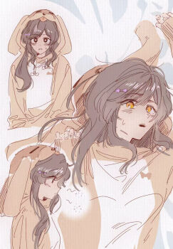 Rule 34 | 1girl, animal costume, blush, brown eyes, brown hair, commentary, dog costume, highres, hood, hood up, looking at viewer, mou liang, multiple views, onesie, open mouth, sena ajisai, sweat, watashi ga koibito ni nareru wake naijan murimuri!