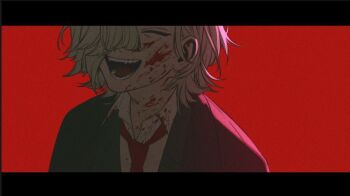 1boy backlighting blood blood_on_clothes blood_on_face blood_splatter closed_eyes collared_shirt copyright_request dress_shirt hair_over_one_eye jacket laughing male_focus medium_hair necktie open_mouth portrait red_background red_theme rit3set shirt smile solo teeth wolf_cut