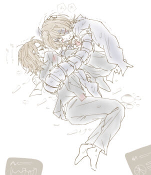 Rule 34 | 2boys, absurdres, aedd (e.g.o), alternate costume, arms around waist, arthropod limbs, artificial eye, bags under eyes, bar chart, beard stubble, belt, black coat, black pants, black suit, black vest, blood, blood on clothes, blood stain, blue coat, blue horns, brown hair, buckle, bug, bug arm, closed eyes, coat, cold, collared shirt, dress shirt, dual persona, e.g.o (project moon), extra eyes, facial hair, facing another, fetal position, formal clothes, full body, glasses, graph, gregor (project moon), hair between eyes, hair intakes, high collar, highres, horns, hug, la manchaland (identity) (project moon), lapels, lily26983455, limbus company, long coat, long hair, long sleeves, low ponytail, lying, male focus, mechanical eye, multiple boys, muted color, nail (hardware), nails, necktie, no shoes, notched lapels, official alternate costume, on floor, on side, open clothes, open coat, pants, parted bangs, pie chart, pinstripe pattern, ponytail, project moon, prosthesis, prosthetic leg, red eyes, red necktie, ribbed shirt, ribbon, scarf, shirt, shock centipede (project moon), short hair, simple background, sketch, sleeves rolled up, socks, stole, striped clothes, striped scarf, stubble, suit, torn clothes, torn coat, trembling, unconscious, vest, wet, wet clothes, wet coat, wet hair, wet shirt, white background, white scarf, white shirt, white stole