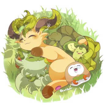 :> :3 ^_^ animal_focus artist_name blush budew catsbell closed_eyes closed_mouth day full_body gen_4_pokemon gen_7_pokemon grass green_theme happy leaf leafeon lying nintendo no_humans nose_bubble on_back on_ground on_side open_mouth outdoors pawpads pokemon pokemon_(creature) round_image rowlet signature sleeping smile smoliv sprigatito trait_connection twitter_username u_u wavy_mouth