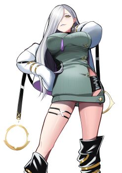 1girl absurdres bare_shoulders black_boots black_shorts blue_lips boots breasts choker commentary_request dress earrings eyeliner fate/grand_order fate_(series) grey_dress hair_over_one_eye highres hoop_earrings jacket jewelry large_breasts long_hair long_sleeves looking_at_viewer makeup mrs._snake_(fate) nigori_(keydoor) off_shoulder short_shorts shorts smile solo sweater sweater_dress tassel thigh_boots thighs white_hair white_jacket yellow_eyes