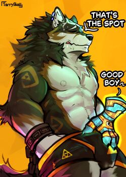 1boy abs animal_ears artist_name bara bare_pectorals biceps black_male_underwear boxers bulge closed_eyes commentary disembodied_hand animal_nose drooling english_commentary english_text facing_to_the_side furrowed_brow furry furry_male hand_on_another&#039;s_crotch highres link male_focus male_underwear muscular muscular_male navel nintendo nipples open_mouth pectorals saliva speech_bubble sweatdrop tail terryskaii the_legend_of_zelda the_legend_of_zelda:_tears_of_the_kingdom the_legend_of_zelda:_twilight_princess topless_male triforce underwear wolf_boy wolf_ears wolf_link wolf_tail yellow_background