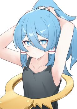 1girl adjusting_hair alternate_costume armpits arms_up black_tank_top blue_eyes blue_hair blush ch00suke closed_mouth collarbone cuffs hair_between_eyes hair_ornament hair_tubes handcuffs highres long_hair looking_at_viewer miyadeguchi_mizuchi ponytail simple_background skull_hair_ornament solo sweat tank_top touhou tying_hair upper_body white_background