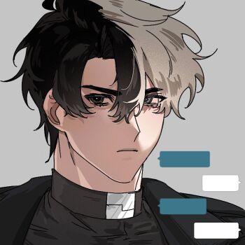 1boy aegyo_sal akigawasou black_coat black_eyes black_hair black_shirt chat_log coat double-parted_bangs hair_between_eyes looking_at_viewer male_focus omniscient_reader&#039;s_viewpoint open_clothes open_coat popped_collar portrait serious shirt short_hair sidelighting solo yoo_joonghyuk