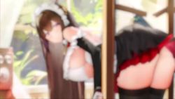 1girl animal_ears animated ass azur_lane bell black_skirt breasts broom brown_hair commentary cow_ears cow_girl cow_horns cow_tail cowbell day english_commentary multiple_expressions feet horns huge_ass indoors kashino_(azur_lane) kashino_(maid_for_mayhem)_(azur_lane) large_breasts long_hair long_sleeves looking_at_viewer maid maid_headdress manjuu_(azur_lane) official_alternate_costume official_art phone_booth plant promotional_art purple_eyes skirt sleeves_past_wrists stuck tail thick_thighs thighhighs thighs very_long_hair video wet window wooden_door wooden_floor