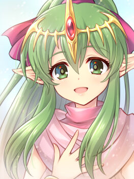 Rule 34 | 1girl, :d, fire emblem, fire emblem: mystery of the emblem, fire emblem: shadow dragon, green eyes, green hair, hair between eyes, hair ornament, hair ribbon, highres, long hair, looking at viewer, nintendo, open mouth, pointy ears, ribbon, s1a1nokoka, smile, solo, tiki (fire emblem), tiki (young) (fire emblem), upper body