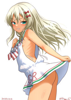 1girl ass blonde_hair blush bow commentary_request dated dress grecale_(kancolle) green_eyes hair_between_eyes hair_bow kantai_collection long_hair looking_at_viewer low-cut_armhole neckerchief pink_bow ray.s ribbon sailor_collar sailor_dress side-tie_dress sleeveless sleeveless_dress smile solo striped_neckerchief twitter_username wavy_hair white_dress white_sailor_collar