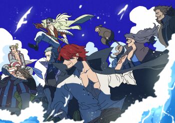 6+boys abs animal beard_stubble benn_beckman black_hair blonde_hair blue_sky building_snake cloud coat coat_on_shoulders commentary facial_hair hat highres holding holding_weapon hongou_(one_piece) howling_gab limejuice_(one_piece) long_hair looking_ahead lucky_roux male_focus monkey monster_(one_piece) multiple_boys one_piece one_piece_fan_letter open_mouth profile ram3988 red_hair sash scar scar_on_face shanks_(one_piece) shirt signature sky smile stitched_face stitches stubble sunglasses water weapon white_shirt yasopp