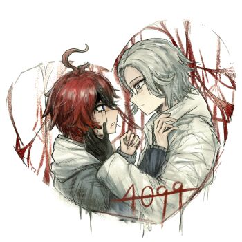 2boys ahoge aotsuki_eito black_gloves black_hair blood blood_from_mouth blood_on_face blue_eyes chinese_commentary closed_mouth commentary_request dong_fanqie glasses gloves grey_hair grey_jacket hand_on_another's_cheek hand_on_another's_face heart highres hood hood_down hooded_jacket jacket male_focus multicolored_hair multiple_boys red_hair short_hair streaked_hair sumino_takumi the_hundred_line_-last_defense_academy- two-tone_hair white_jacket