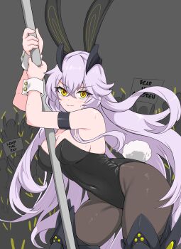 1girl azur_lane between_breasts breasts bunny_girl embarrassed english_text eyelashes eyelashes_through_hair glowstick hair_between_eyes jaggi_95 leotard long_hair looking_at_viewer multiple_others navel pale_skin pantyhose people pole rabbit_ears rabbit_tail siren_(azur_lane) skindentation stripper_pole tears tester_(azur_lane) very_long_hair white_hair yellow_eyes