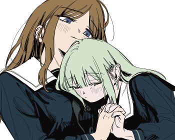 Rule 34 | 12thfog, 2girls, bang dream!, bang dream! it's mygo!!!!!, blue eyes, blue shirt, blush, breasts, brown hair, closed eyes, green hair, hair ornament, hairclip, highres, interlocked fingers, long hair, medium breasts, multiple girls, nagasaki soyo, school uniform, shirt, sidelocks, simple background, tsukinomori school uniform, upper body, wakaba mutsumi, white background, yuri