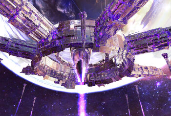 above_clouds beam bloom blurry blurry_background cloud fantasy fleet highres light_beam mokuren1036 ocean original planet reflection scenery science_fiction sky space space_habitat space_station star_(sky) star_(symbol) structure water