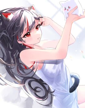 Rule 34 | 1girl, absurdres, animal ear fluff, animal ears, cat ears, cat girl, cat tail, commentary, creature, dress, grey hair, hair spread out, hands up, haro (1026 86), highres, holding, holding creature, holding own hair, long hair, lying, maro (neneko mashiro), multicolored hair, neneko mashiro, on back, parted lips, red eyes, sleeveless, sleeveless dress, smile, solo, stellive, streaked hair, symbol-only commentary, tail, virtual youtuber, white dress