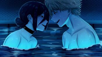 1boy 1girl black_choker black_hair blue_theme chain-link_fence chainsaw_man choker denji_(chainsaw_man) eye_contact fence grenade_pin grey_hair hair_bun hetero highres looking_at_another mccheese open_mouth partially_submerged pool reze_(chainsaw_man) sharp_teeth short_hair teeth wet