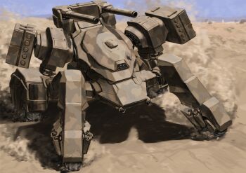 Rule 34 | blue sky, camouflage, commentary request, desert, desert camouflage, dust, highres, mecha, missile pod, no humans, original, outdoors, robot, science fiction, sky, tyokugekidato