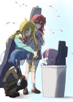 ^_^ black_shirt blonde_hair blue_eyes blue_sweater bocchi_the_rock! bow bowtie brown_cardigan brown_shoes cardigan closed_eyes commentary_request cube_hair_ornament falling_petals gotoh_hitori grey_skirt hair_between_eyes hair_ornament highres ijichi_nijika instrument_case_on_back jacket kessoku_band kita_ikuyo loafers long_hair look4_osagashi outstretched_hand petals pink_jacket pleated_skirt red_bow red_bowtie rose_petals sailor_collar school_uniform shimokitazawa_high_school_uniform shirt shoes shuka_high_school_uniform side_ponytail sidelocks simple_background skirt smile socks squatting standing sweater tareme very_long_hair white_sailor_collar white_skirt white_socks yamada_ryo yellow_bag yellow_eyes