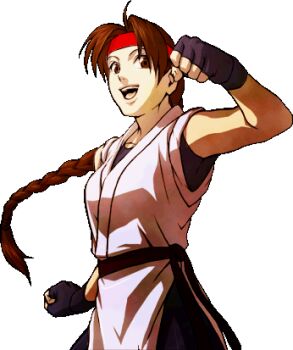 Rule 34 | 1girl, braid, braided ponytail, breasts, brown eyes, brown hair, dougi, female focus, hairband, karate gi, large breasts, long hair, looking at viewer, pale skin, ponytail, smile, smiley face, the king of fighters, thick thighs, thighs, yuri sakazaki