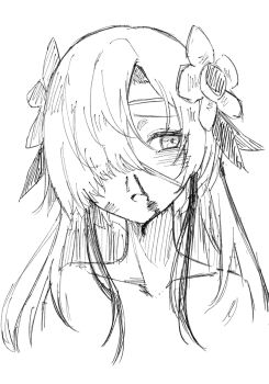 1girl bleeding blood blood_on_face flower greyscale hair_flower hair_ornament hair_over_one_eye highres isekaijoucho kamitsubaki_studio looking_to_the_side monochrome nosebleed nude open_mouth simple_background sketch solo tekomaru upper_body