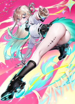 1girl absurdres aqua_hair artist_name ass black_nails black_skirt black_socks blonde_hair blowing_bubble_gum blue_eyes breasts chewing_gum colorful_background commentary earrings english_commentary fingernails full_body gradient_hair hair_ornament headphones headphones_around_neck highres id_card jewelry kneepits large_breasts leaning_forward long_fingernails long_hair looking_at_viewer looking_to_the_side lynae_(wuthering_waves) multicolored_hair nail_polish ringeko-chan shirt shirt_tucked_in skirt skull_hair_ornament socks solo star_(symbol) star_earrings tacet_mark_(wuthering_waves) thighs very_long_hair white_shirt wuthering_waves