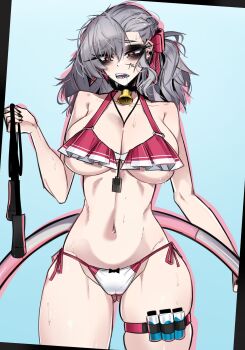 1girl ace_glitch bell bikini black_nails breasts cleavage collarbone commentary curvy earrings girls'_frontline girls'_frontline_2:_exilium gluteal_fold grey_hair highres jewelry multicolored_bikini navel neck_bell open_mouth pink_bikini red_eyes sabrina_(girls'_frontline_2) sabrina_(strawberry_zabaione)_(girls'_frontline_2) sharp_teeth solo spas-12_(girls'_frontline) swimsuit teeth thigh_strap thong thong_bikini two-tone_bikini white_bikini wide_hips