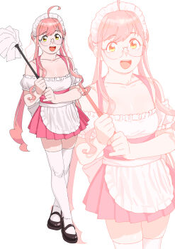 1girl absurdres ahoge alternate_costume apron black_footwear commentary_request cowboy_shot duster enmaided feather_duster full_body glass glasses highres kantai_collection low_twintails maid maid_headdress makigumo_(kancolle) mary_janes multiple_views off-shoulder_shirt off_shoulder ojipon open_mouth pink_hair pink_skirt round_teeth shirt shoes skirt teeth thighhighs twintails underbust upper_teeth_only waist_apron white_apron white_shirt white_thighhighs yellow_eyes