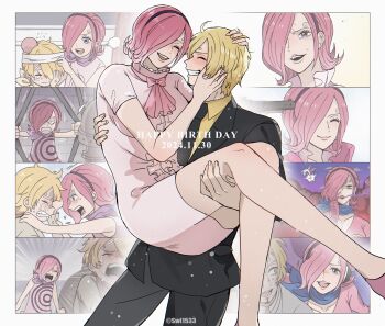 1girl 2boys absurdres black_suit blonde_hair blue_eyes blush brother_and_sister carrying carrying_person child commentary_request curly_eyebrows dress facial_hair formal_clothes goatee gun hairband headphones helmet highres monkey_d._luffy multiple_boys one_piece pink_dress sanji_(one_piece) siblings smile suit swi1533 tears vinsmoke_reiju weapon