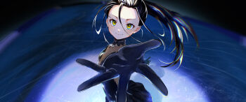 1girl absurdres black_dress black_gloves breasts commentary_request dress figure_skating gloves hair_between_eyes highres ice_skating kamisaki_hikaru long_hair medalist_(manga) ponytail saina_(pixiv87171260) skating skating_rink small_breasts solo turtleneck turtleneck_dress yellow_eyes