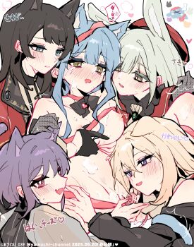 5girls amoris_(bang_dream!) animal_ears ascot bang_dream! bang_dream!_it's_mygo!!!!! beret black_gloves black_hair blonde_hair blue_eyes blue_hair blush breasts capelet cat_ears cat_girl cat_tail clothing_cutout commentary_request controller doloris_(bang_dream!) gangbang gloves green_background green_hair grey_gloves groping group_sex hair_between_eyes harem hat highres holding holding_remote_control kemonomimi_mode kyou_039 long_hair medium_breasts medium_hair misumi_uika mortis_(bang_dream!) mortis_(costume)_(bang_dream!) mouth_hold multiple_girls nipples oblivionis_(bang_dream!) open_mouth pink_eyes purple_eyes purple_hair pussy rabbit_ears rabbit_girl red_capelet red_hat remote_control remote_control_vibrator sex_toy shirt short_hair shoulder_cutout sweatdrop tail timoris_(bang_dream!) togawa_sakiko vibrator wakaba_mutsumi white_ascot yahata_umiri yellow_eyes yuri yuri_harem yuutenji_nyamu
