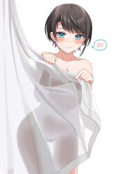 Rule 34 | 1girl, aqua eyes, bare shoulders, blush, breasts, brown hair, cleavage, completely nude, curtains, highres, hololive, looking at viewer, nude, oozora subaru, short hair, simple background, solo, spoken blush, tihirowo, virtual youtuber, white background