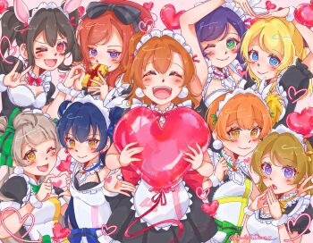 Rule 34 | > o, 6+girls, :3, ;), ;d, \m/, absurdres, ayase eli, balloon, black bow, black dress, black hair, blonde hair, blue eyes, blue hair, bow, box, brown hair, closed mouth, commentary, double bun, dress, earrings, elgorritodedawn, english commentary, everyone, facing viewer, gift, gift box, green bow, green eyes, grey hair, hair bow, hair bun, hair rings, heart, heart balloon, heart hands, heart in eye, heart in heart hands, highres, holding, holding balloon, holding gift, hoshizora rin, jewelry, koizumi hanayo, kosaka honoka, looking at viewer, love live!, love live! school idol project, low twintails, maid, medium hair, minami kotori, mogyutto "love" de sekkin chuu!, multiple girls, nishikino maki, one eye closed, open mouth, orange hair, pleated dress, ponytail, puffy short sleeves, puffy sleeves, purple eyes, purple hair, red eyes, red hair, short dress, short hair, short sleeves, single hair ring, smile, sonoda umi, symbol in eye, tojo nozomi, twintails, twitter username, v-shaped eyebrows, yazawa nico, yellow eyes