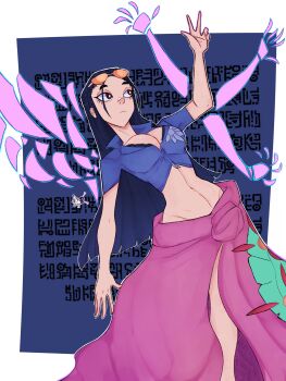 1girl absurdres black_hair blue_jacket border breasts cleavage closed_mouth commentary dutch_angle extra_arms eyewear_on_head hair_slicked_back high_collar highres jacket jeyzaturn long_hair looking_to_the_side midriff navel nico_robin one_piece orange-tinted_eyewear petals pink_sarong poneglyph sarong solo tinted_eyewear white_border