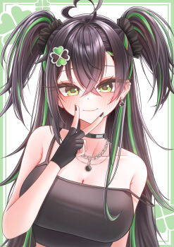 1girl absurdres ahoge black_choker black_gloves black_hair black_nails black_shirt blush breasts choker clover_earrings clover_hair_ornament commentary_request fingerless_gloves gloves green_eyes green_hair hair_ornament heart heart_ahoge highres korean_commentary large_breasts long_hair looking_at_viewer midomido_mayo multicolored_hair nail_polish re:act ruo1001 shirt solo streaked_hair two_side_up v v_over_eye very_long_hair virtual_youtuber