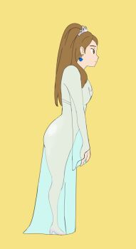 asha_(ni_no_kuni) ass astrid_astrum_(ni_no_kuni) brown_hair crown dress earrings ehidora highres jewelry long_hair netflix ni_no_kuni ni_no_kuni_(netflix) nude yellow_background