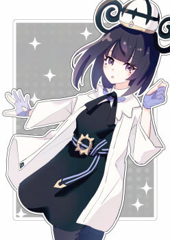 1girl :o absurdres belt belt_buckle black_dress blue_gloves blunt_bangs bob_cut buckle coat dress eyelashes gloves gwynn_(pokemon) hat highres long_sleeves looking_at_viewer nintendo o-ring o-ring_belt open_clothes open_coat open_mouth outline partially_fingerless_gloves pokemon pokemon_legends:_z-a purple_eyes purple_hair short_hair simple_background solo white_coat white_hat white_outline yatori_suminohi