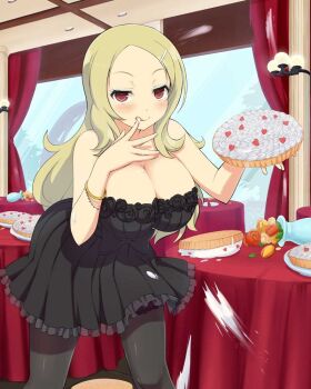 1girl :q black_dress black_flower black_pantyhose black_rose blonde_hair blue_eyeshadow blush bracelet breasts ceiling ceiling_light cleavage collarbone dress eyeshadow flower flower-trimmed_dress flower_pot food food_fight food_on_arm food_on_body food_on_breasts food_on_clothes frilled_dress frills gold_bracelet hair_ornament hairclip half-closed_eyes heart holding holding_food jewelry large_breasts licking licking_finger long_hair looking_at_viewer makeup mole mole_under_mouth official_art orange_flower orange_rose pantyhose parted_bangs pie pillar plate red_eyes rose senran_kagura senran_kagura_new_wave senran_kagura_shinovi_versus shiki_(senran_kagura) smile solo standing suggestive_fluid table tablecloth tongue tongue_out tree wall_lamp white_flower white_rose window yellow_flower yellow_rose