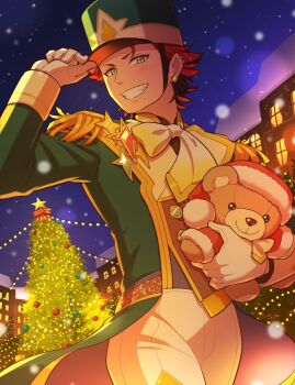 1boy aopanda arm_up bow bowtie building christmas_lights christmas_tree clenched_teeth commentary_request cowboy_shot ear_piercing ensemble_stars! epaulettes gloves green_eyes hat holding holding_stuffed_toy kiryu_kuro long_sleeves male_focus outdoors piercing red_hair santa_hat short_hair smile snowing solo star_(symbol) stuffed_animal stuffed_toy teddy_bear teeth white_bow white_bowtie white_gloves window