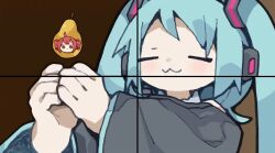 2girls :3 animated blue_hair food fruit hatsune_miku highres kasane_teto meme multiple_girls nikamoka pear pearto pope_francis_holding_things_(meme) spinning stitched tagme third-party_edit video vocaloid